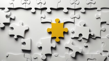 Obraz premium Top-down view flat lay of a white jigsaw puzzle game texture with an incomplete or missing piece, studio shot against a background.