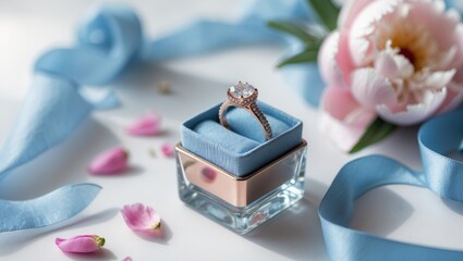 Proposal ring presented in a box adorned with peonies. Blue wedding.