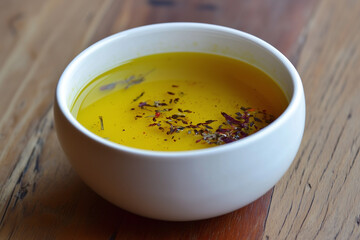 Saffron-infused broth, rich with spices, for complex dish flavors