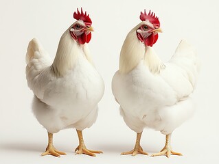 Fototapeta premium Two white chickens isolated on white. Pair of poultry birds standing together. White farm chickens on plain background