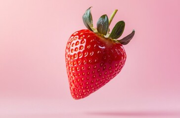 Fresh Strawberry Floating on a Pink Background Creating a Simple Food Studio