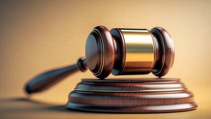 Judge gavel resting on the table, set against a bright background.