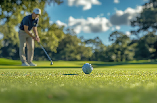golfer prepares to putt on sunny day, focusing intently on ball on green. lush grass and blurred background create serene for game - Powered by Adobe
