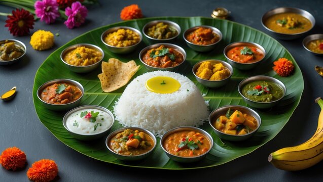 Traditional Onam sadhya featuring rice, Sambar, Rasam, parippu dal curry, ghee, Pappadom, and Payasam served on a banana leaf as festival vegetarian food.