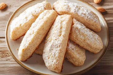 Fototapeta premium Delicious Almond Biscotti Cookies on Plate, Sweet Pastry Treat