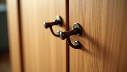 Obraz premium Luxury leather pull handle on wooden wardrobe door, furniture and interior object image. Selective focus on the handle section.
