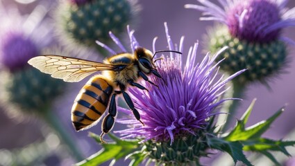 Hornet mimic butterfly extracting nectar from a thistle flower.
