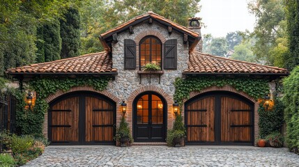 A charming stone cottage, nestled amongst lush greenery, features a captivating facade with ivy climbing the walls, arched doorways