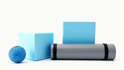 Rolled yoga mat and foam block or brick, along with a massage ball. Gender-neutral fitness and exercise concept accessories featuring copy space. Active lifestyle. Home or gym workouts, sports club...