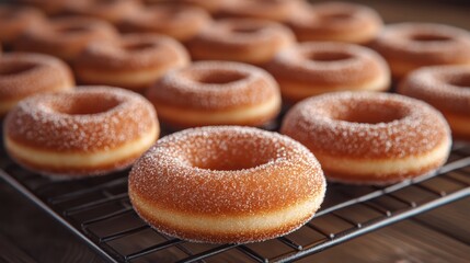 Ultra-realistic, highly detailed, and appetizing photo of warm apple cider donuts, the iconic dish of New Hampshire. The donuts are coated in cinnamon sugar, with a soft and fluffy interior. 