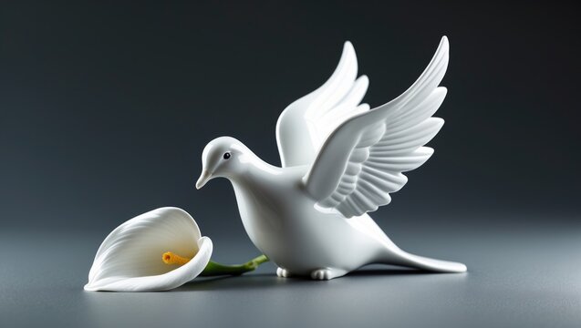 Porcelain mourning dove alongside calla flower for sympathy card on dark backdrop.