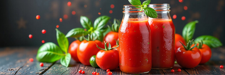 Two frosted glass bottles of spicy tomato, jalapeño, and basil juice tilted on a rustic wooden table, bold and vibrant culinary delight.