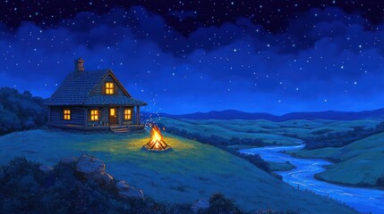 West Virginia: A charming 3D cartoon campsite in the Appalachian Mountains, rustic wooden lodges on a grassy hill, a warm bonfire flickering in the evening light, a winding river