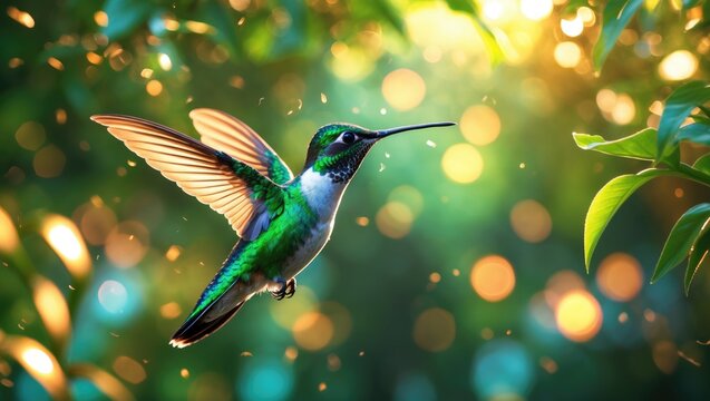 Hummingbird soaring through the woodland