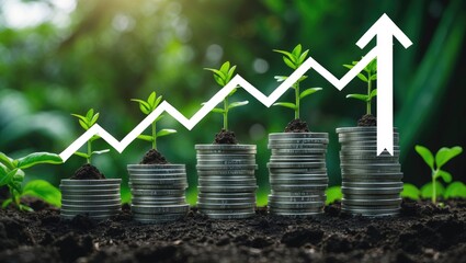 Green business growth or green investment and finance sustainable development concept. A stack of silver coins topped with seedlings, accompanied by an upward growth arrow.