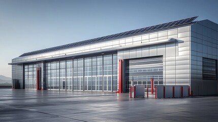 A sleek, modern warehouse with a shiny silver exterior, solar panels on the roof, and bold red accents