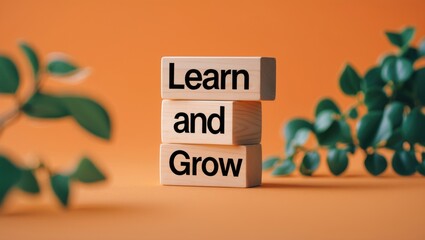 Symbol of learn and grow. Conceptual words displayed on wooden blocks. Attractive background. Business and concept. Space for text.