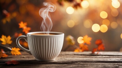 Steaming coffee on a table with an autumn backdrop.