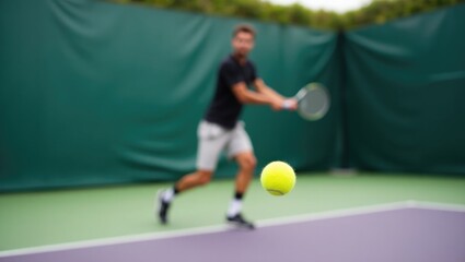 Obraz premium Tennis player in action during a backhand stroke, with emphasis on the tennis ball and the player blurred in the background.