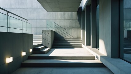 Obraz premium wheelchair ramp and stairs on the opposite side. height variations are elegantly and practically addressed by a retaining wall with a glass railing. stairs featuring recessed lighting and lawn hand...