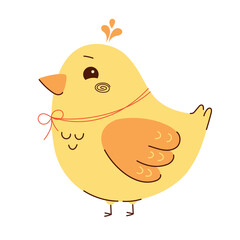 Cute yellow chick with a bow. Vector element. Flat style. Colored
