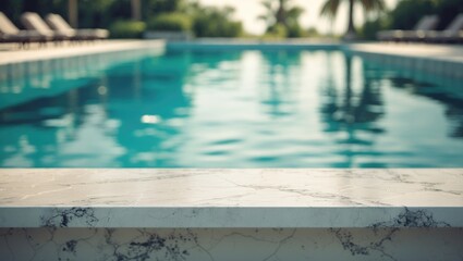 Empty stone board table background. Abstract blurred background of swimming pool.