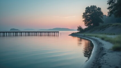 Fototapeta premium Sunset over the lake close to the town