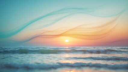Obraz premium Sunset above the ocean, abstract seascape backdrop, line art, gentle blur, surface of the water.