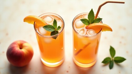 Two glasses containing peach cocktail, lemonade, or iced tea on a light backdrop. Idea of a chilled summer beverage featuring ice, mint, and fresh fruits. Aerial view.