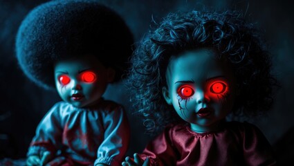 Horror red toned image featuring frightening possessed dolls with glowing red eyes against a dark backdrop.