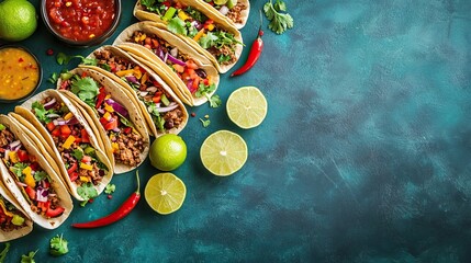Obraz premium Delicious mexican tacos with vibrant ingredients on rustic green background, traditional food display for cinco de mayo, mexican culture celebration
