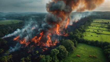 Aerial view of illegal fires burning forest trees in the rainforest. Deforestation area for pasture, livestock, and agriculture soy farm. Concept of ecology, environment, and climate change.