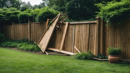 Damage to a garden fence caused by a storm