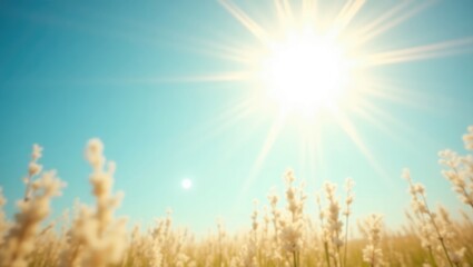 Bright background, sun in summer on azure sky with lens flare. Area for your own text.