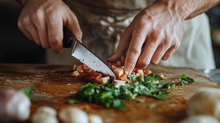 A home cook struggling with a dull knife, squashing their food instead of slicing it --ar 16:9 --v 6.1 Job ID: 2c39e139-bfa9-4916-b8bd-73c61d2b280a
