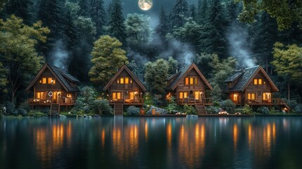 Fototapeta premium Oregon: A lush 3D cartoon campsite in the Pacific Northwest, towering evergreen trees surrounding wooden cabins, fog rolling over a crystal-clear lake, campers roasting marshmallows under a soft, 