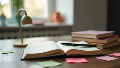 Fototapeta premium Open notebook with pen on wooden desk in study environment
