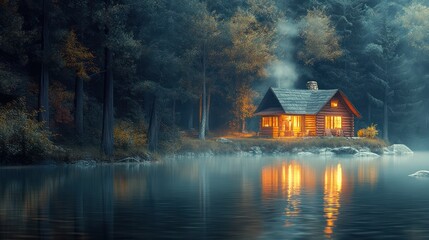 Fototapeta premium Tennessee: 3D cartoon camp in the Great Smoky Mountains, rustic log cabins surrounded by misty forests, a quiet river flowing through the valley, campers enjoying music by a crackling fire 