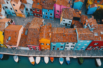 Colorful houses line canal in vibrant village, unique architecture and charming rooftops. scene captures essence of picturesque waterfront