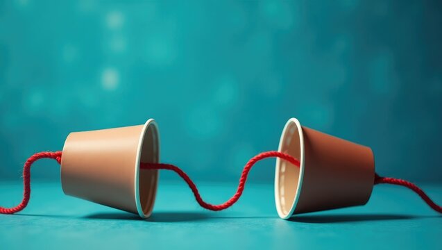 Old-style cup phone featuring a red string at the center, representing the concept of two-way communication, information transmission, sender and receiver, and the process of communicating with eac...