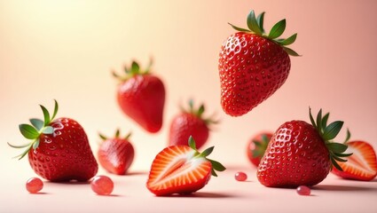 Strawberry floating against a white backdrop.