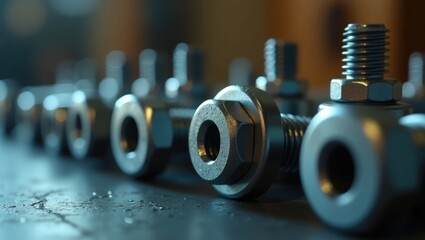 View of the fasteners, including bolts and nuts. A bolt is a type of threaded fastener featuring an external male thread. Bolts are very closely associated with screws and are frequently utilized t...
