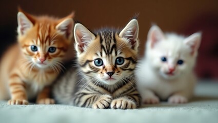Three kittens, brown, red, and white, of the breed are posing for a photo. The sister and her two brothers are curious about their surroundings.