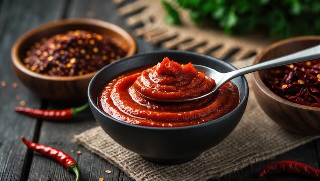 Korean gochujang (red chili paste), a spicy and sweet fermented condiment used in cuisine.