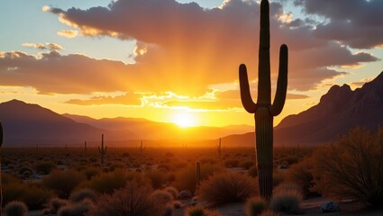 Sunrise shining over mountains beneath cactus