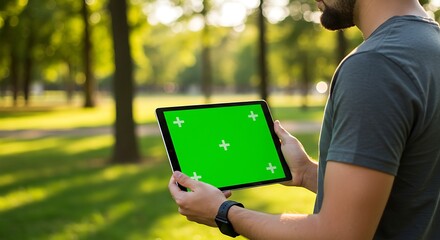 Modern man holding a tablet with a green screen in a peaceful park setting