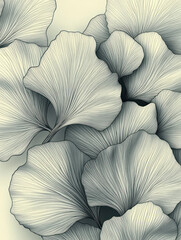 Ginkgo leaves in detailed, artistic arrangement, their unique shapes and intricate vein patterns. soft color palette adds serene touch to composition