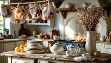 Interior of a kitchen designed in rustic style. Bright indoor space featuring white furniture and wooden decor.