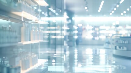 Fototapeta premium Blurry medical store with defocused shelves of medicines and health products.