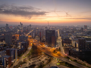 Aerial View of Leeds City Centre at Dawn with Urban Landscapes and Roads